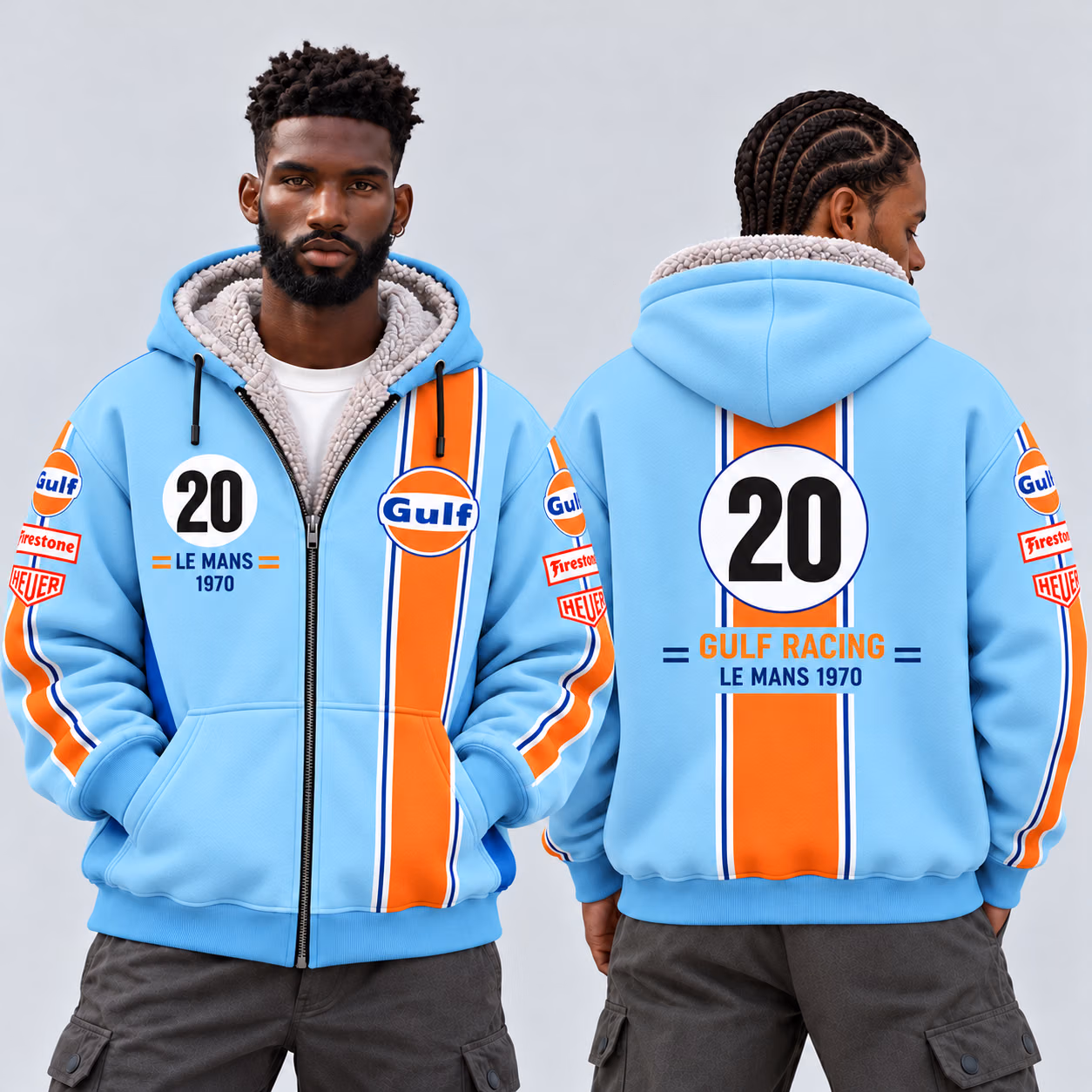 Steve McQueen Gulf Le Mans 1970 Custom Racing Sherpa-Lined Fleece Zip Hoodie