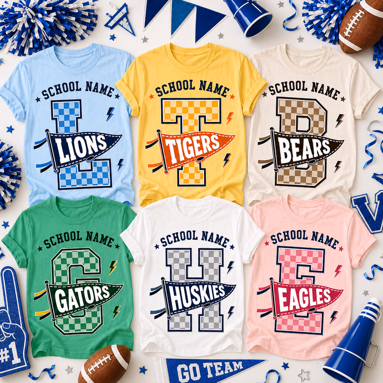 Custom College Shirt, Checkered Monogram Mascot Pennant Game Day Tee