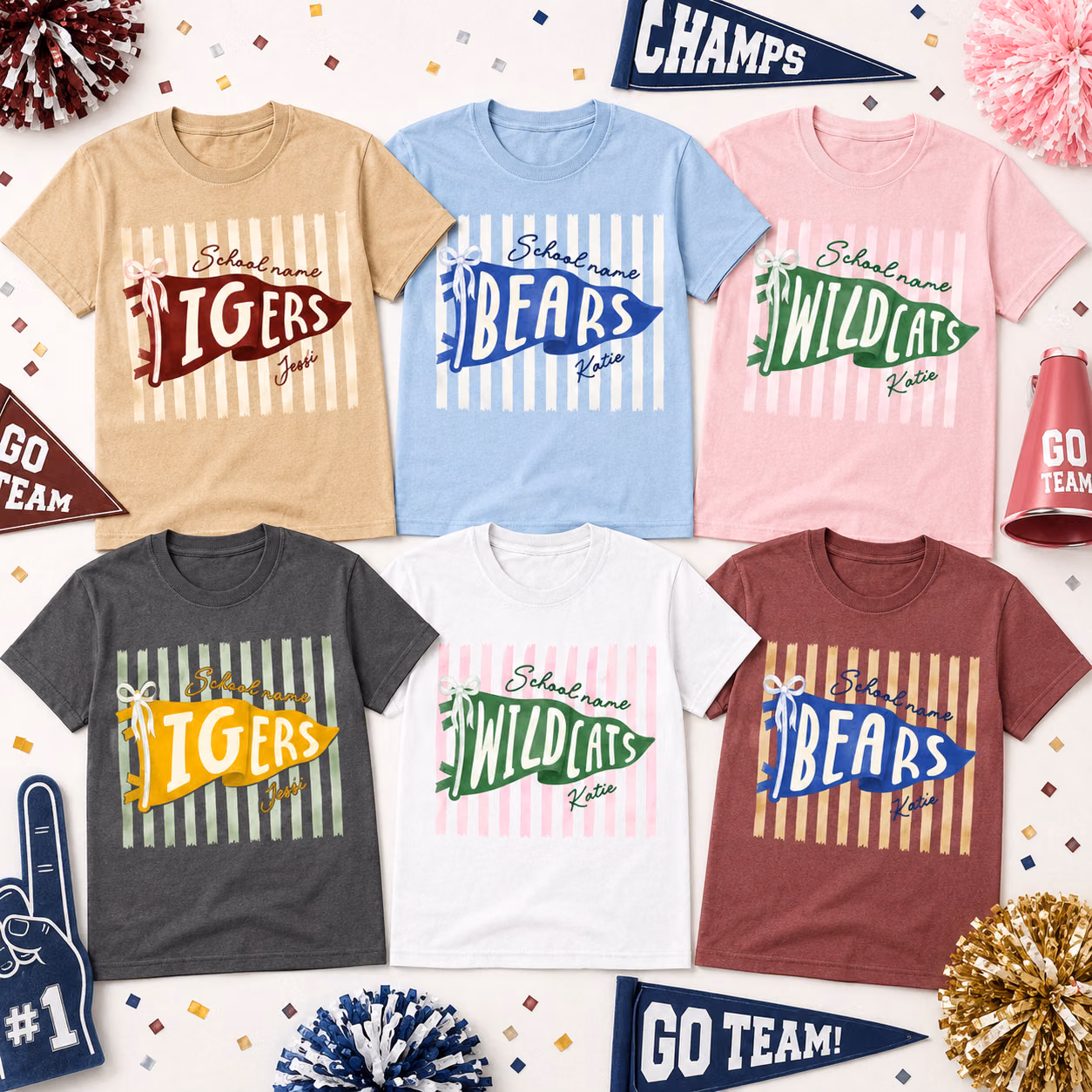 Custom College T-Shirt - Striped Pennant School Spirit Graphic Tee