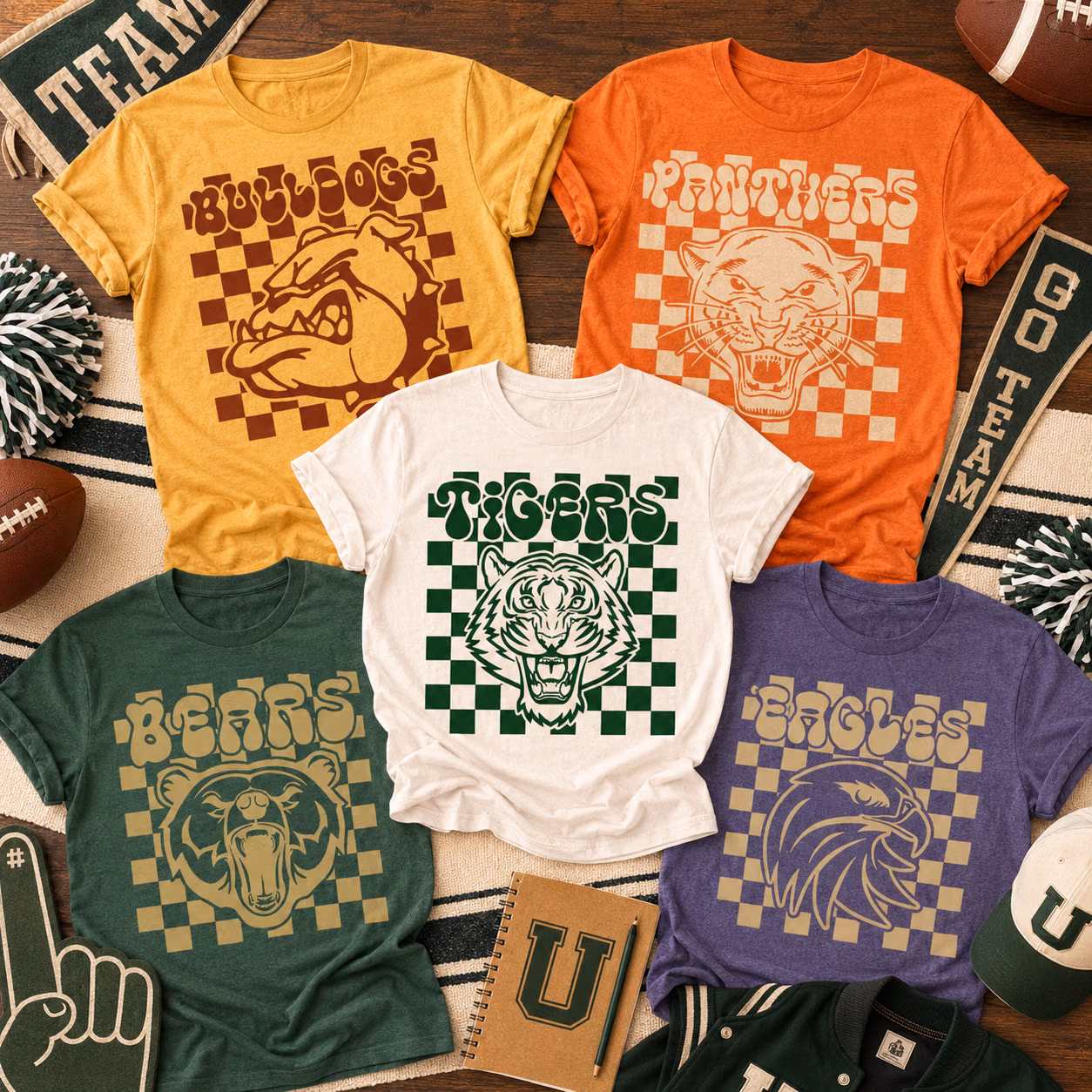 Custom College T-Shirt - Retro Checkered School Mascot Game Tee