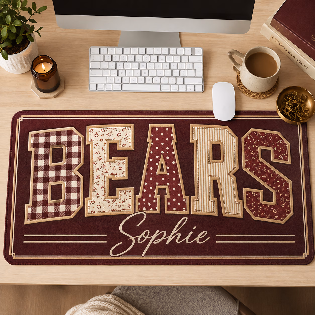 Aesthetic Personalized Desk Mat - Vintage Plaid College Mascot Desk Pad
