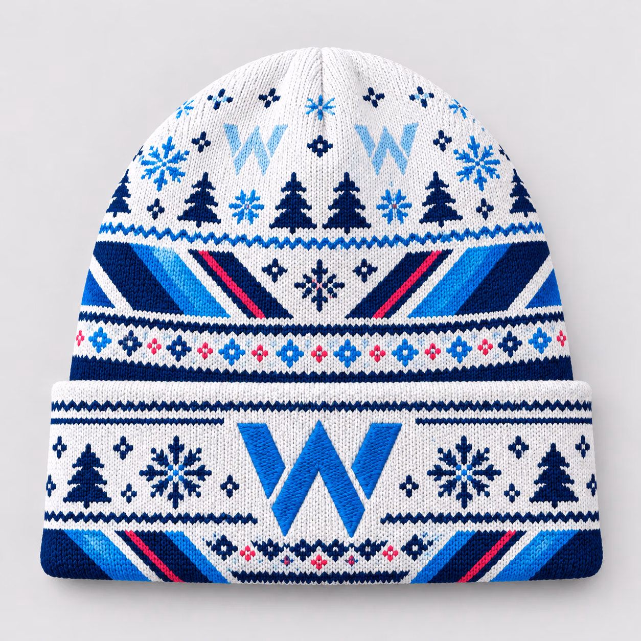 Alternative view of W Team White Blue Pink Winter Inspired Racing Beanie Hat